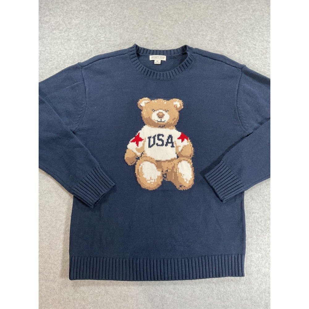 Mighty Fine USA Teddy Bear Sweater Navy Blue Crewneck Cotton Blend Medium 2118